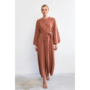 Balon Kol Düğmeli Abaya Elbise - Camel