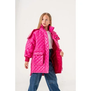 Kız Çocuk Çiçekli Ön Cepli Parlak Mont