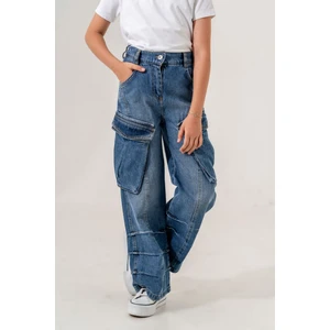 Kız Çocuk Cep Detaylı Pileli Kot Pantolon