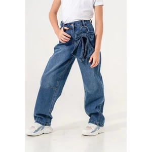 Kız Çocuk Rahat Kesim Çıkarılabilir Fiyonklu Kot Pantolon