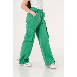 Kız Çocuk Paçası Lastikli Kargo Cepli  Keten Pantolon