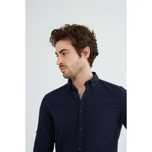 Erkek Slim Fit Dar Kesim Düğmeli Yaka Keten Görünümlü %100 Pamuk Flamlı Gömlek Düz Renkler Seçenekleri