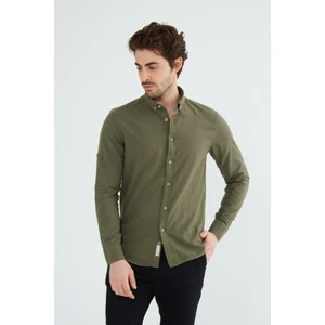 Erkek Slim Fit Dar Kesim Düğmeli Yaka Keten Görünümlü %100 Pamuk Flamlı Gömlek Düz Renkler Seçenekleri