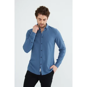 Erkek Slim Fit Dar Kesim Düğmeli Yaka Keten Görünümlü %100 Pamuk Flamlı Gömlek Düz Renkler Seçenekleri