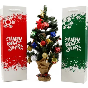 Repro Design Yılbaşı Temalı 2 Adet Yeşil-Kırmızı Happy New Year Baskılı Şişe Boy Karton Çanta, Hediye Kutusu