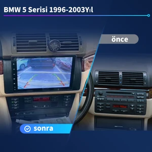 BMW 5 Serisi 1996-2003Yıl Android Sürüm 13 Kablosuz Carplay Navigasyon Multimedya 9 Inç Ekran 2gb Ram 32GB Rom Hafıza Çerçeve ve arka görüş kamerası ile