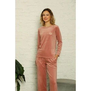 Kadın Bisiklet Yaka Ipeksi Kadife Kışlık Uzun Kol Cepli Pijama Takımı