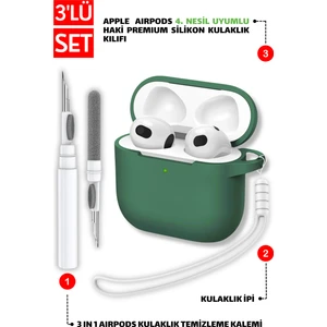 4. Nesil Uyumlu Haki Silikon Kulaklık Kılıfı, Kulaklık Ipi ve 3'ü 1 Arada Temizleme Kalemi Seti