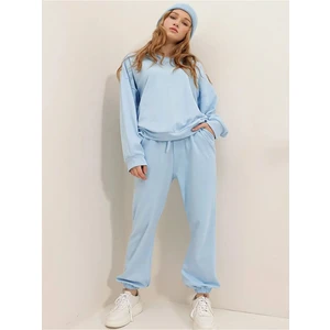 Pembe Kadın Oversize Geniş 3 Iplik Polarlı Şardonlu %100 Pamuk Bisiklet Yaka Eşofman Takımı