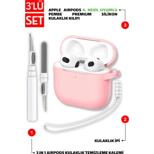4. Nesil Uyumlu Pembe Silikon Kulaklık Kılıfı, Kulaklık Ipi ve 3'ü 1 Arada Temizleme Kalemi Seti