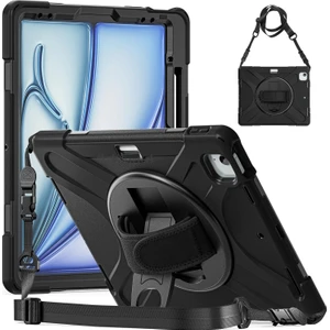 M.TK Moveteck iPad Air 13 Inç M2 2024 Uyumlu Kılıf Kalem Yuvalı Şarj Bölmeli Askılı Standlı Zırh Tank Defender Kapak
