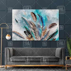 SML Tablo Kuş Tüyü Dekoratif Mavi Turkuaz Kahverengi Tüyler Yatay Kanvas Tablo