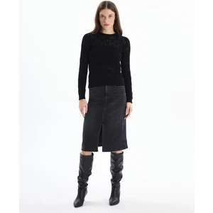 Cannes - Yırtmaçlı Yüksek Bel Midi Boy Denim Etek - Antrasit Renk