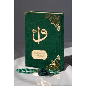 İhvan Online Hediyelik Kadife Kaplı İsme Özel Pleksi Desenli Arapça Orta Boy Kuranı Kerim Yeşil