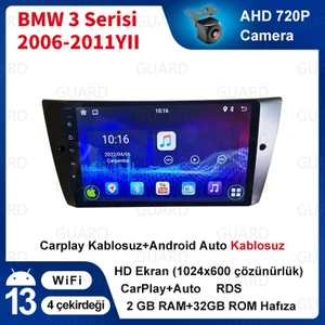 BMW 3 Serisi (2006-2011)Android Sürüm 13 Kablosuz Carplay Navigasyon Multimedya 9 Inç Ekran 2gb Ram +32GB Rom Hafıza Hafızaı Çerçeve ve Arka Görüş Kameras ile