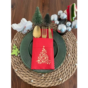 Gold Yaldızlı Kırmızı Cepli Çam Ağacı Peçete 12 Adet 40X40