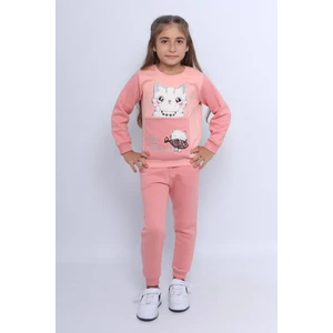 Kız Çocuk 3 Iplik Eşofman Takımı Kedi Baskılı E4