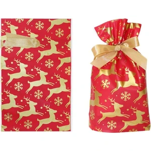 Parti Adresi Yılbaşı  Ambalajı Geyik Desenli Plastik  Paketleme Torbası Kırmızı 15x23 Cm 5'Li