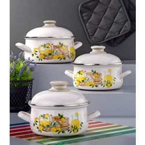 Emaye 6 Parça Krem Set Emaye Kapakli  - Li̇mon Dekor