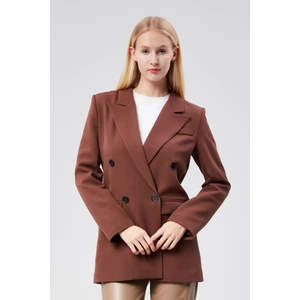 Kahverengi Regular Astarlı Kruvaze Kapama Dokuma Oversize Blazer Ceket