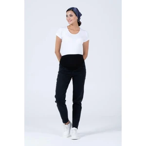Hamile Esnek Karın Bantlı Beli Ayarlanabilir Büyük Beden Mom Fit Kot Pantolon Siyah