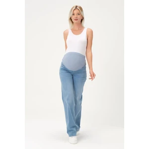 Hamile Karnı Saran Esnek Bantlı Arka Kemerli Bol Paça Kot Pantolon Açık Mavi
