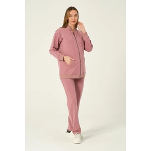 Hamile Fermuarlı Kapüşonlu Yüksek Bel Beli Ayarlanabilir 2 Iplik Eşofman Takımı Gül Kurusu