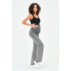 Hamile Karnı Saran Esnek Bantlı Arka Kemerli Bol Paça Kot Pantolon Antrasit