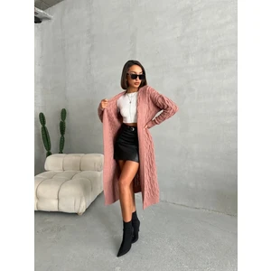 Nosia Fashion Kadın Standart Beden Kuşaklı Gül Kurusu Pamuklu Triko Hırka