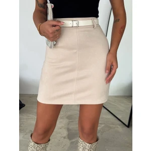 Kadın Mini Boy Süet Etek Kemerli Diz Üstü