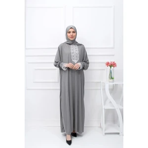 Mevsimlik Kendinden Başörtülü Dantelli Kadın Namaz Elbisesi, Terletmeyen Namaz Kıyafeti-Gri