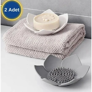 Lotus Desenli (2 Adet) Silikon Sabunluk ve Sünger Tutacağı Beyaz ve Gri Renk Katı Şık Banyo Düzenleyici 