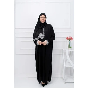 Mevsimlik Kendinden Başörtülü Dantelli Kadın Namaz Elbisesi, Terletmeyen Namaz Kıyafeti-Siyah