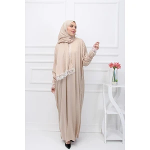 Mevsimlik Kendinden Başörtülü Dantelli Kadın Namaz Elbisesi, Terletmeyen Namaz Kıyafeti-Bej
