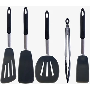 Isıya Dayanıklı Yanmaz Yapışmaz Silikon, Paslanmaz Çelik Spatula Set 5 Prça Siyah