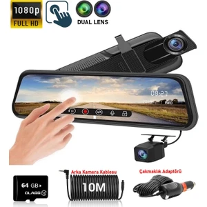 10" Dokunmatik Ekran Fhd 1080P 64GB Hafıza Araç Içi Çift Lens Kamera (10M Arka Kamera Kablosu)