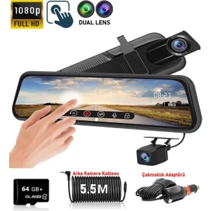 10" Dokunmatik Ekran Fhd 1080P 64GB Hafıza Araç Içi Çift Lens Kamera Çakmaklık Adaptörü