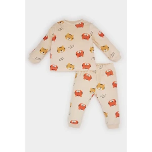 Erkek Bebek Pijama Takımı Bisiklet Yaka Desenli Kadife Uzun Kollu Üst Uzun Alt D7146A524WN
