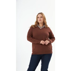Büyük Beden V Yaka Triko Kazak Kahverengi