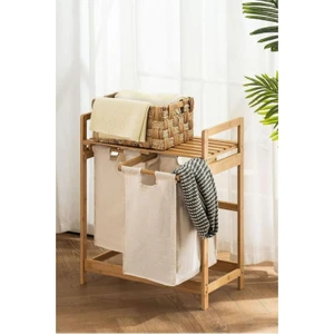 Bambu 2 Bölmeli Kirli Sepetli Çamaşır Sepeti Raflı Banyo Düzenleyici DB-0007