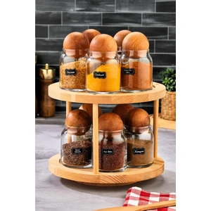 Fbz Home 10'lu Ahşap Top Kapaklı Döner Standlı Etiketli Cam Baharatlık Seti Saklama Kavanozu 300 ml