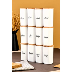 Fbz Home 12'li Etiketlli 300 ml Bambu Ahşap Kapaklı Akrilik Mika Baharatlık Saklama Kabı - Vakumlu Sızdırmaz
