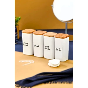 Fbz Home 4'lü Ahşap Kapaklı Akrilik Diş Ipi & Kulak Pamuğu & Pamuk & Makyaj Pamuğu Banyo Seti 300 ml