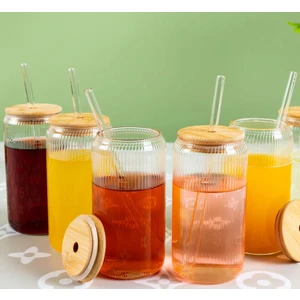 Ahşap Kapaklı Cam Pipetli Çizgili Desenli 500ML Kavanoz Bardak
