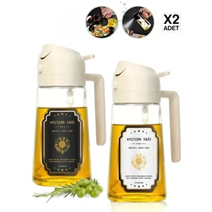 2 Adet Çift Fonksiyonlu Sprey Cam Yağdanlık 450ML Zeytinyağı Sıvıyağ Şişe Etiketli Airfryer Yağlık