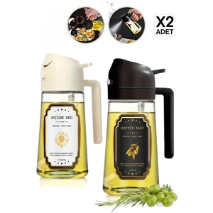 2 Adet Çift Fonksiyonlu Cam Sprey Yağdanlık 450ML Zeytinyağı Sıvıyağ Şişe Etiketli Airfryer Yağlık