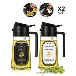 2 Adet Çift Fonksiyonlu Cam Sprey Yağdanlık 450ML Zeytinyağı Sıvıyağ Şişe Etiketli Airfryer Yağlık