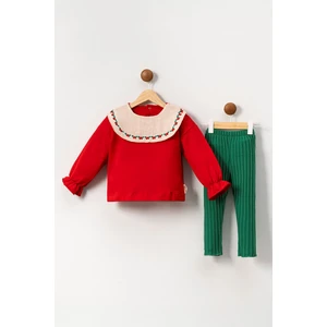 Miniğimin Cicileri (2-5 Yaş) Yaka Nakış Detaylı Yeni Yıl Kız çocuk takım - Kırmızı-Yeşil