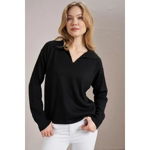Kadın Siyah Gömlek Yaka Basic Triko Kazak