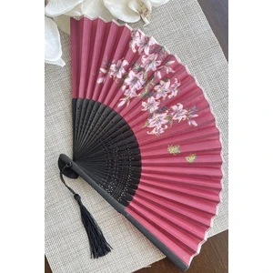 Yelpaze Bordo Çanta Boyu Bambu Çiçek Desenli Yelpaze A512